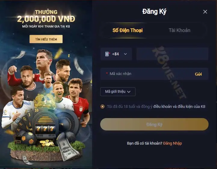 Đăng ký k8 bằng số điện thoại