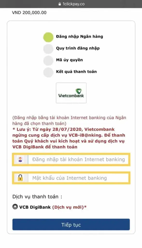 Đăng nhập tài khoản internetbanking