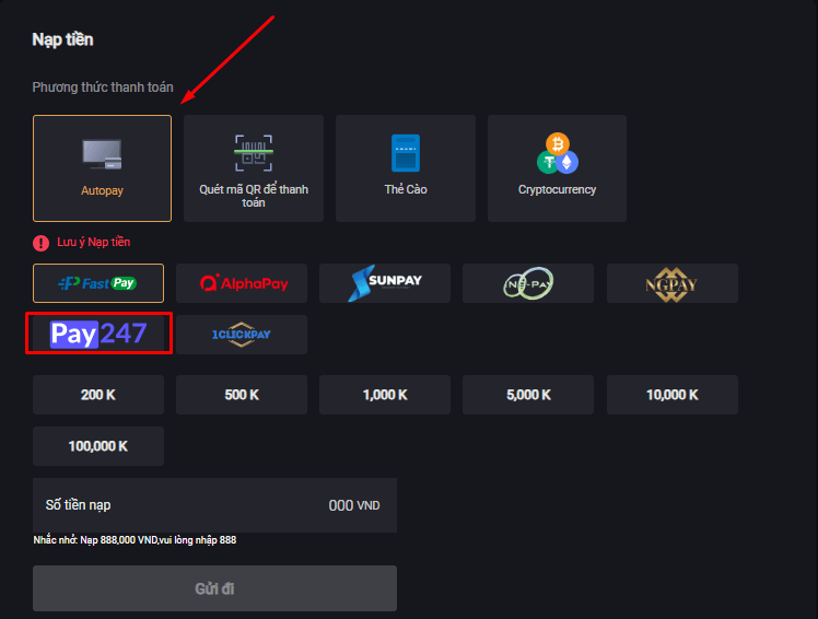 Hướng dẫn nạp tiền bằng hình thức Pay247