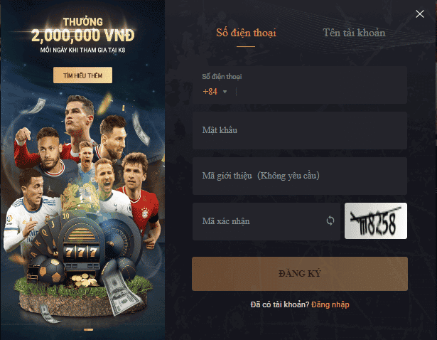 Link vào K8 đăng ký tài khoản
